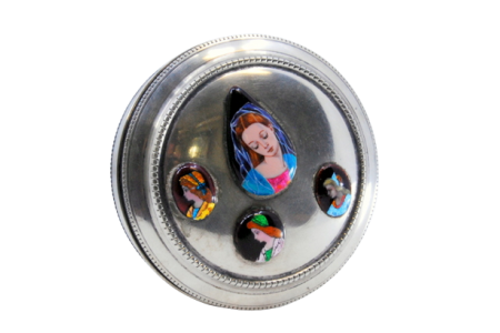 Guarda joias em prata com duplo friso e esmaltes "limoges" na tampa amovível.